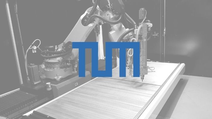 TUM logo with black and white backgroupd picture of AM Flexbot